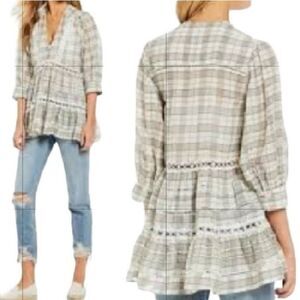 Free People Top Tunic Tiered Ruffle Lace Puff Sleeve Oversized‎ Plaid Gray Sz XS